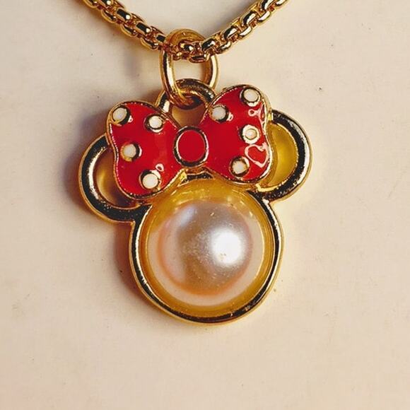 Disney Minnie Mouse Gold-Toned Necklace Pearl Red Bow New - Picture 3 of 7